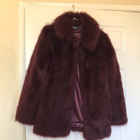 Express Collared Faux Fur Dress Coat in Cabernet - Picture 5 of 8